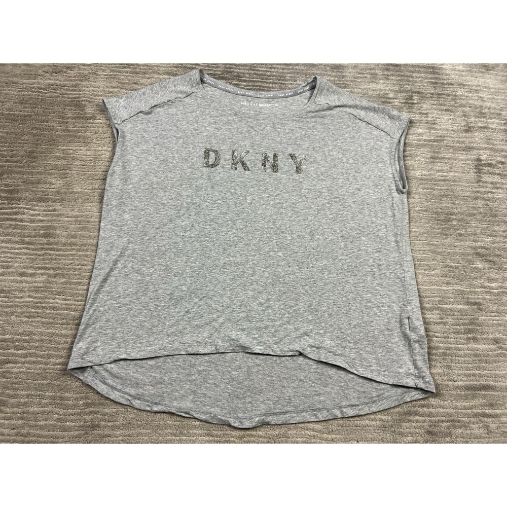 DKNY Sport Top Womens XL Gray Short Sleeve Glitter Spell Out Cotton Blend‎